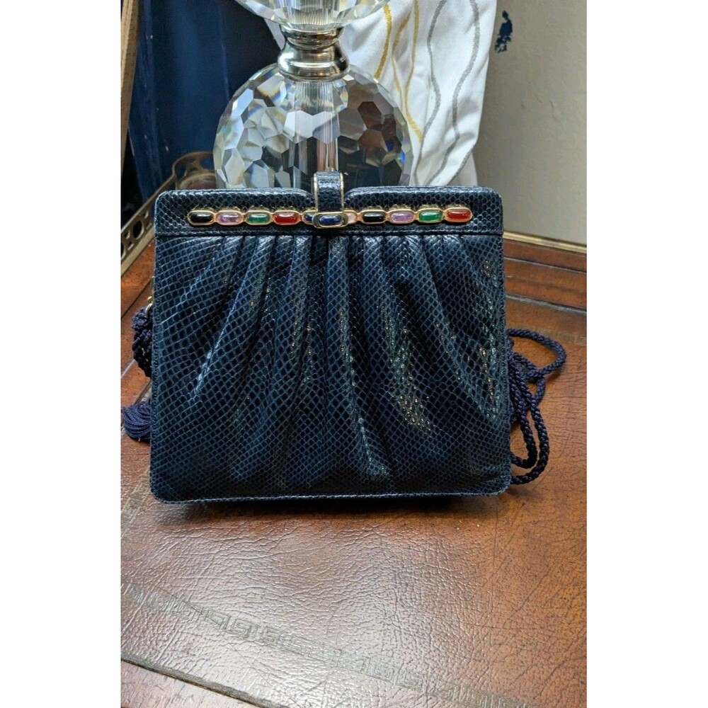 Vintage Judith Leiber genuine lizard evening bag semi-precious cabochon Navy